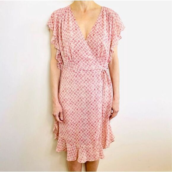 NWOT Feather & Bone by Anthropologie Flutter Sleeve Pink & Cream Wrap Dress S - Picture 1 of 10